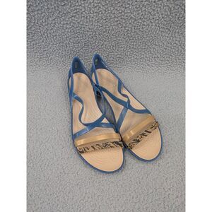 Crocs Isabella Graphic Strappy Sandals Blue and Tan Style 205084 Women's size 10